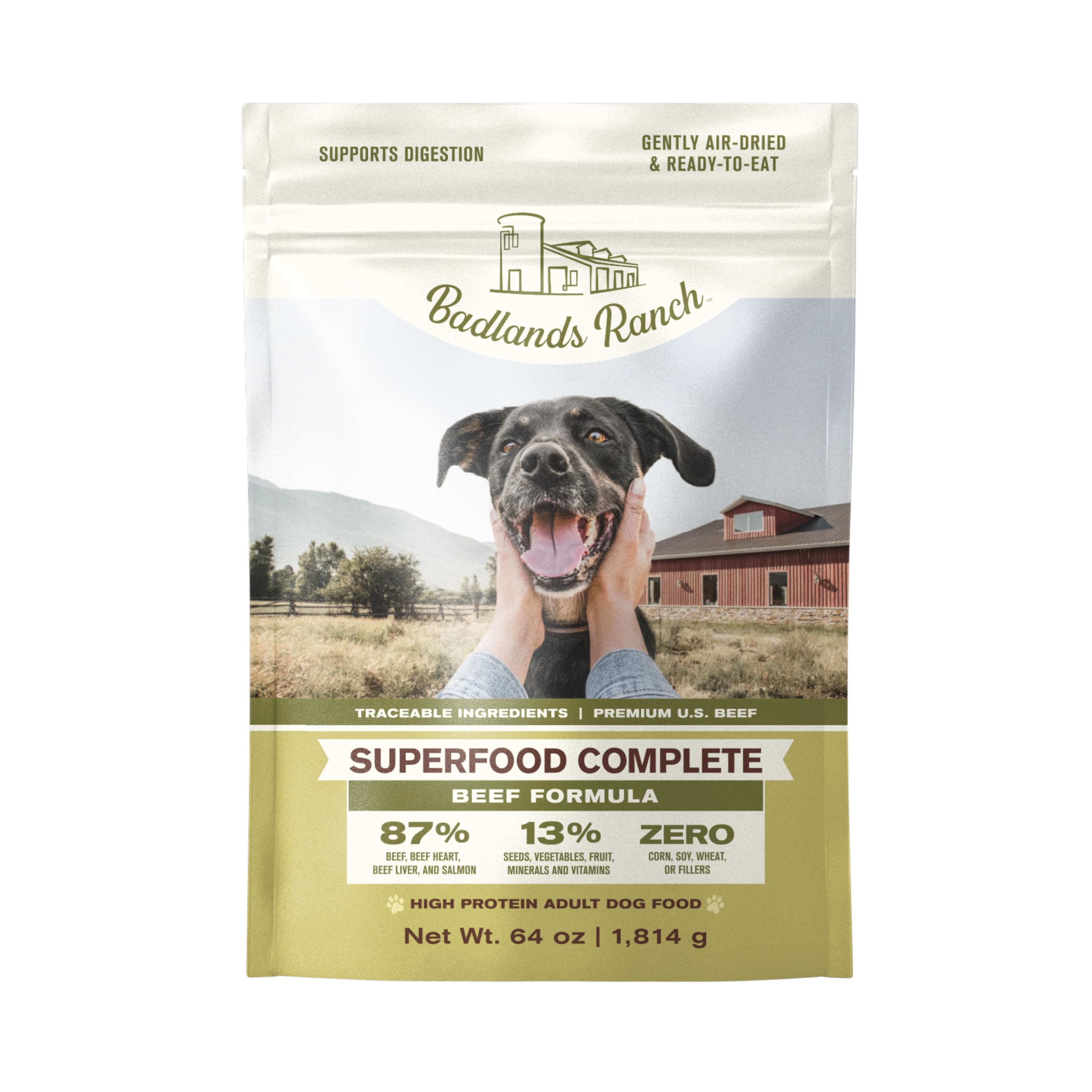 BADLANDS RANCH Superfood Complete air-dried dog food bag highlights high-protein beef formula.