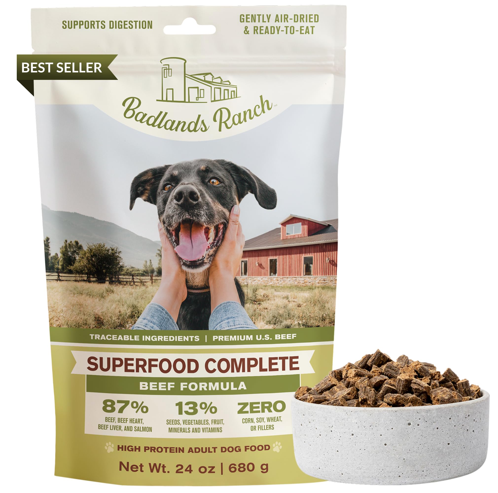 BADLANDS RANCH Superfood Complete beef formula bag shows nutrient-dense air-dried nutrition.