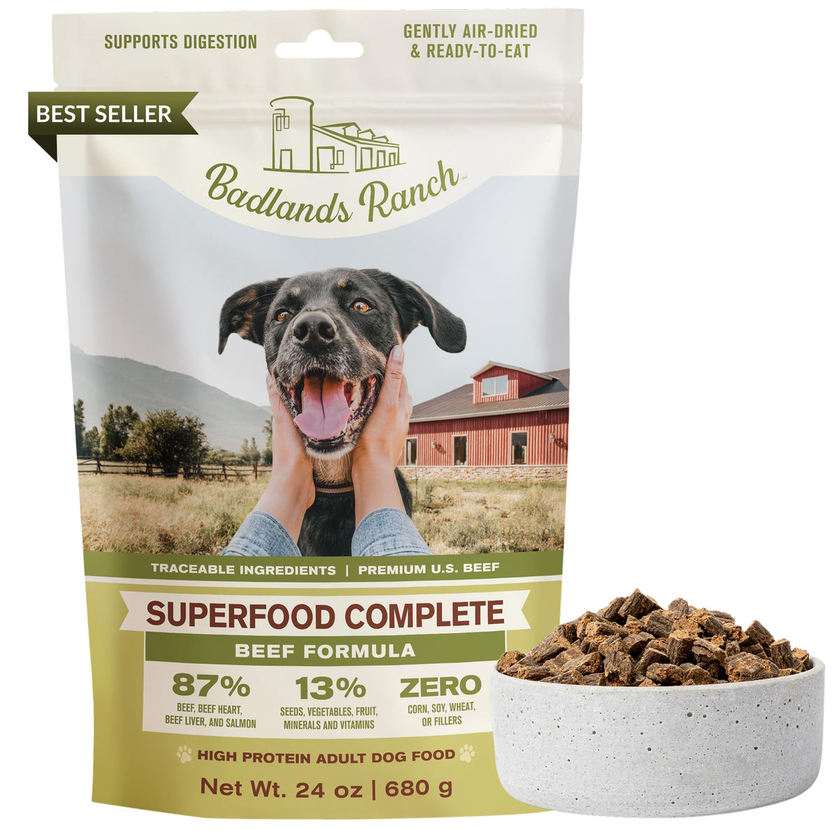 BADLANDS RANCH Superfood Complete beef formula bag shows nutrient-dense air-dried nutrition.