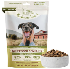 BADLANDS RANCH Superfood Complete beef formula bag shows nutrient-dense air-dried nutrition.