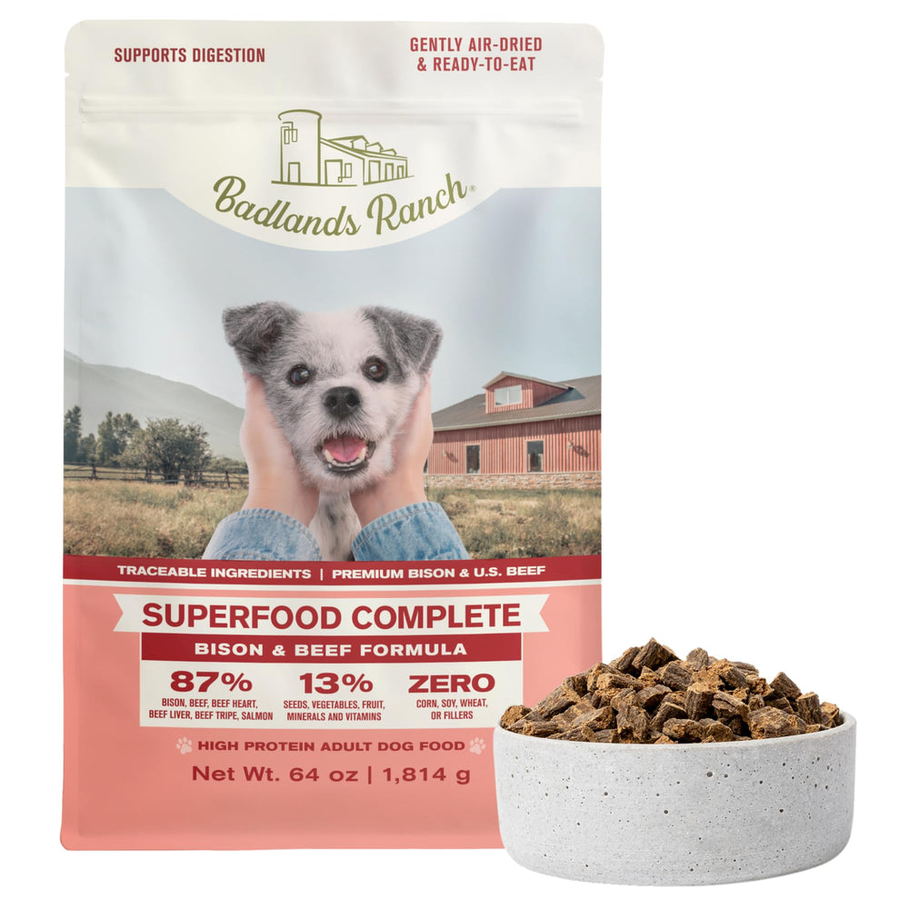 Badlands Ranch Superfood Complete dog food bag closeup with premium ingredients for dogs