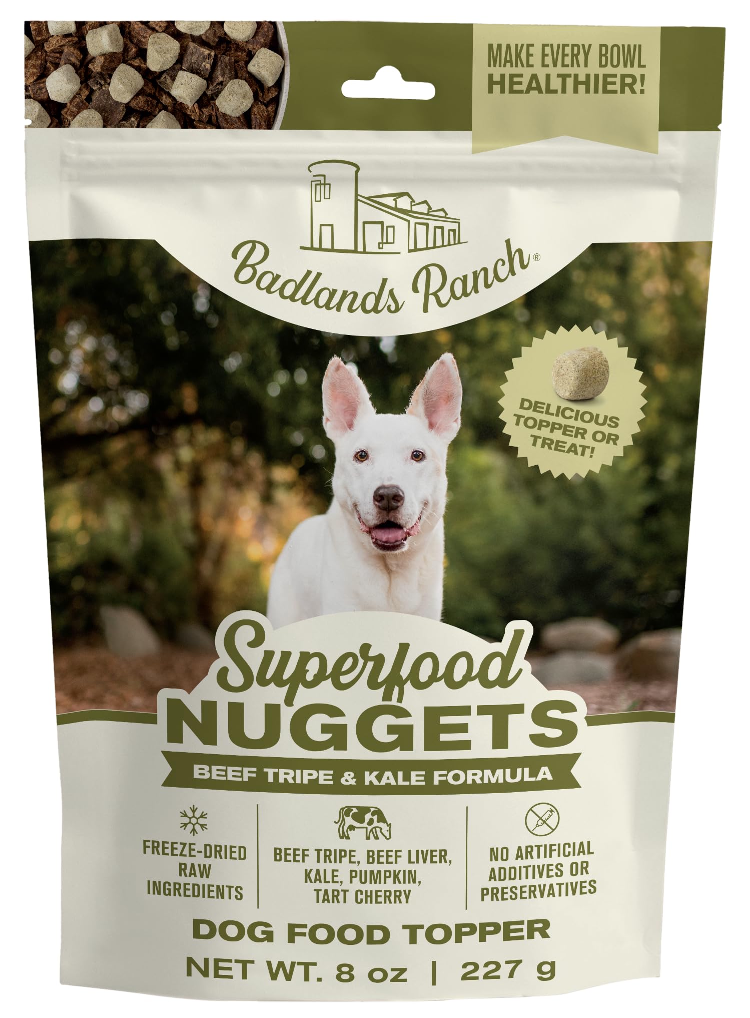 BADLANDS RANCH Superfood Nuggets packaging highlights premium freeze-dried ingredients for dogs.
