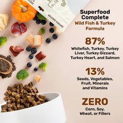BADLANDS RANCH wild fish turkey formula serving bowl displays a protein-rich meal.