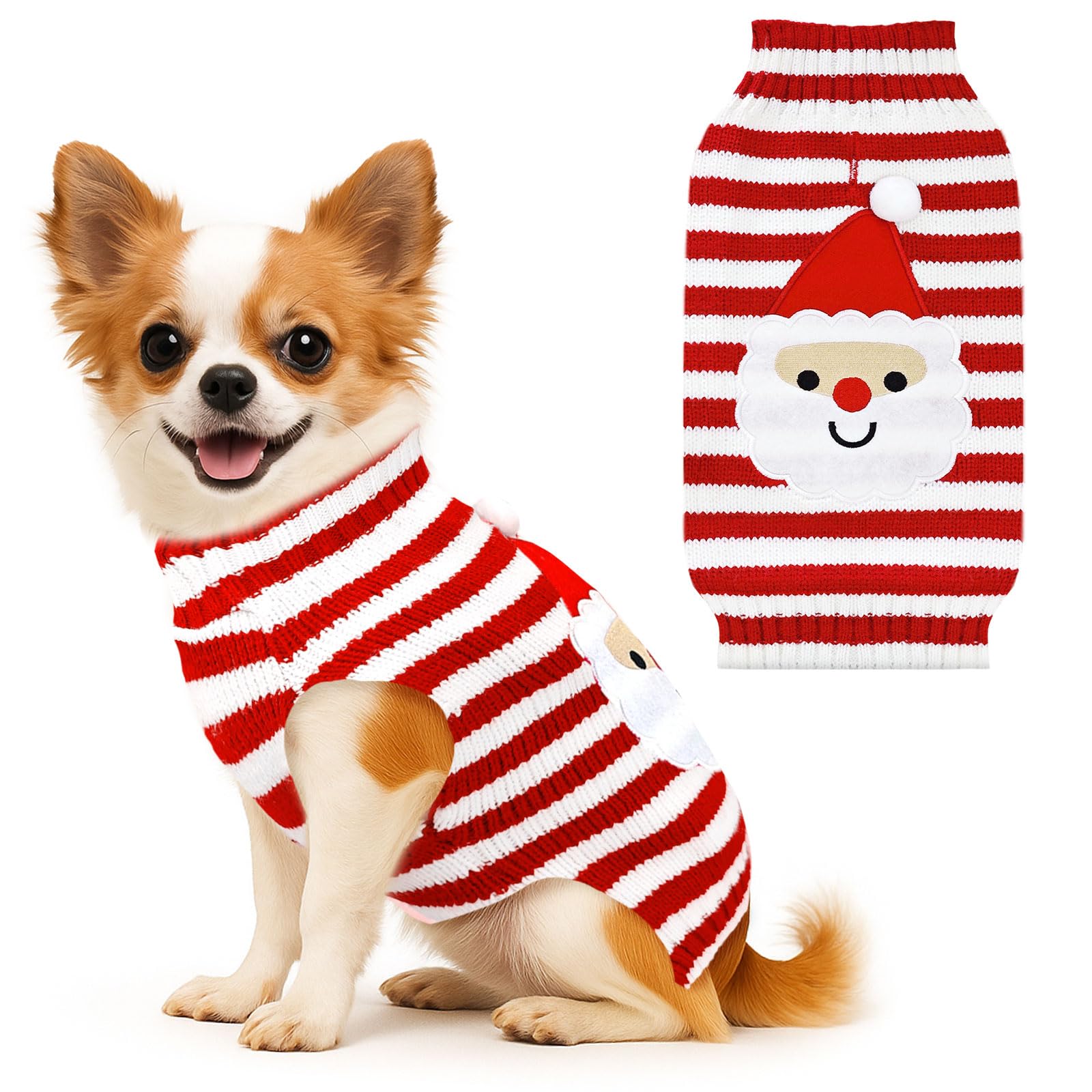 BAEJMJK dog Christmas sweater with red Santa stripes, ideal for festive photos.