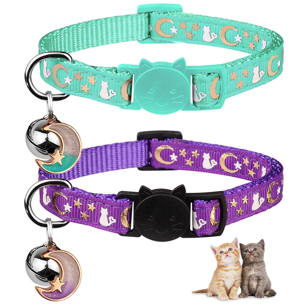 Baeuppit breakaway cat collar with moon pendant glows, purple-teal colorway for night visibility.