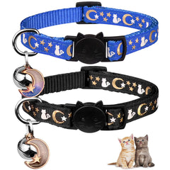 Baeuppit breakaway cat collar with moon and stars glowing after sun exposure for visibility