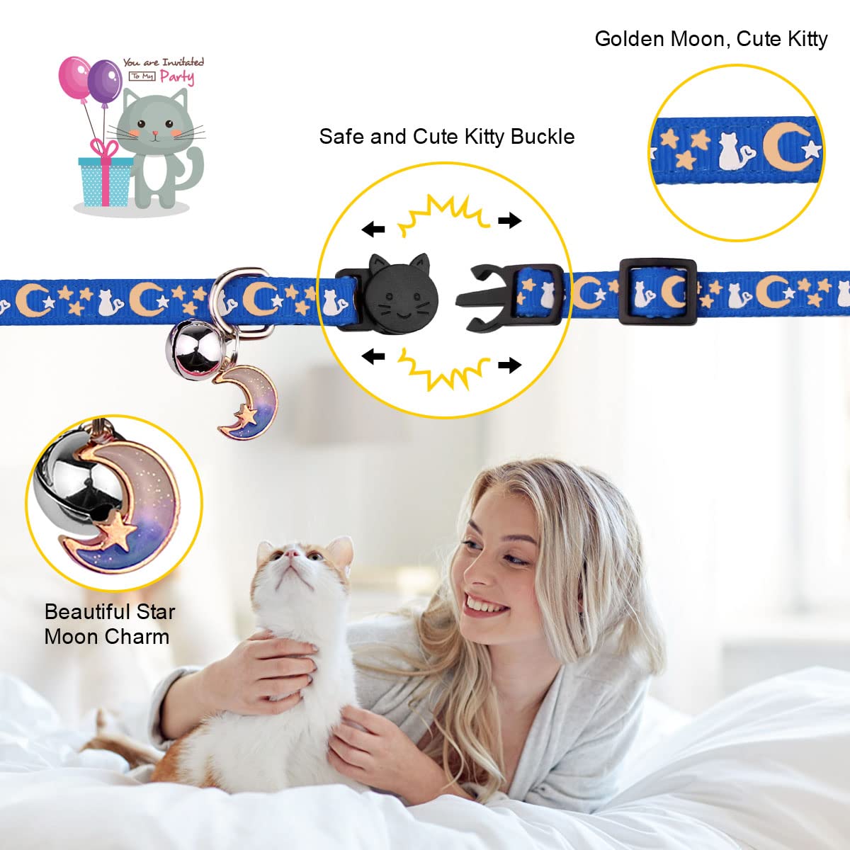 Baeuppit moon-star pendant on cat collar for stylish identification