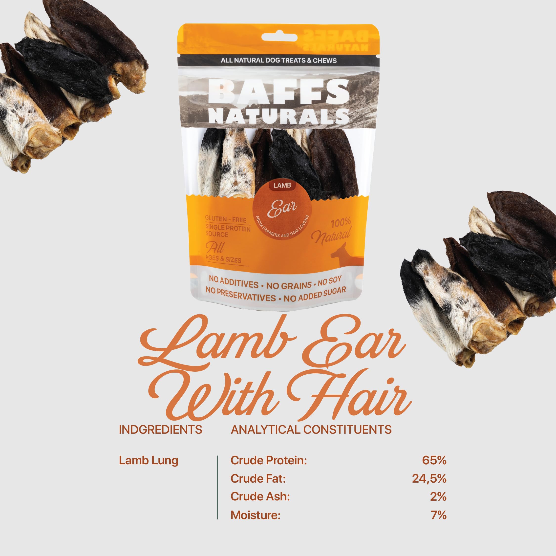 Baffs Naturals lamb ears packaging highlights gluten-free, grain-free ingredients.