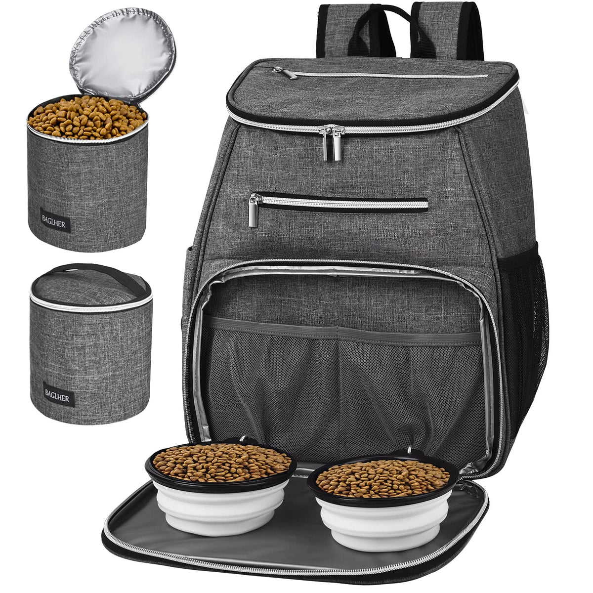 BAGLHER dog travel backpack grey front view showing roomy compartments for supplies