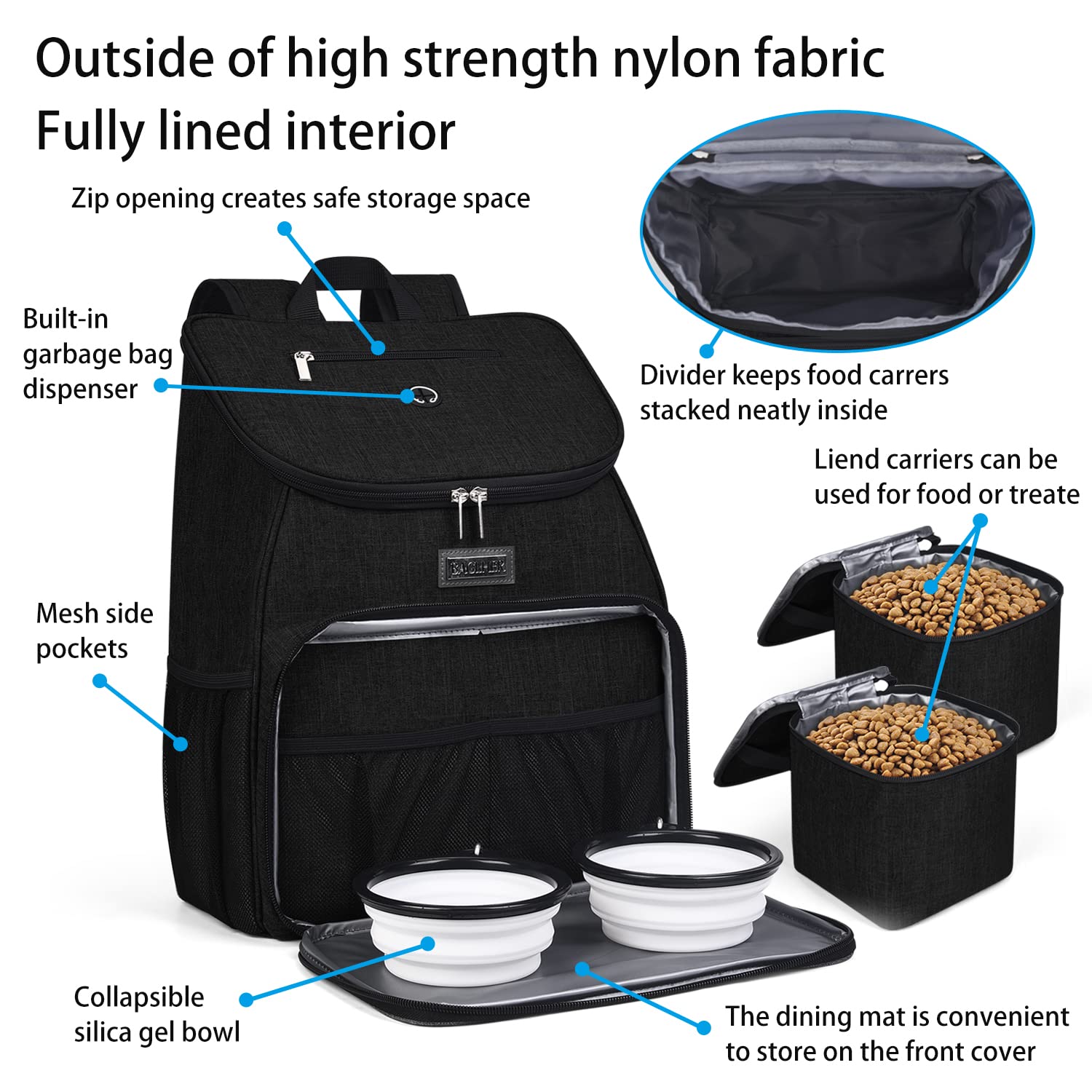BAGLHER dog travel bag front feeding pad for convenient on-the-go meals