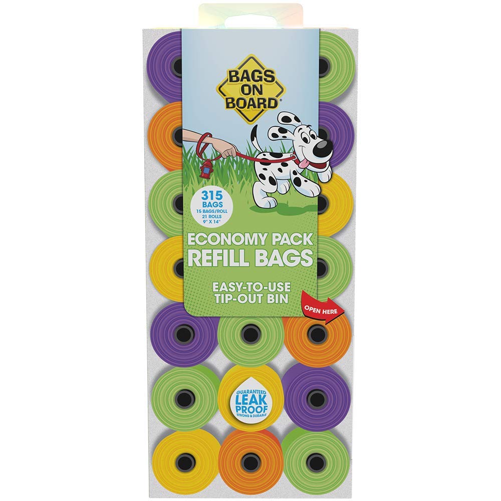 Bags On Board dog poop bags packaging box shows compact, travel-ready design for on-the-go cleanup.