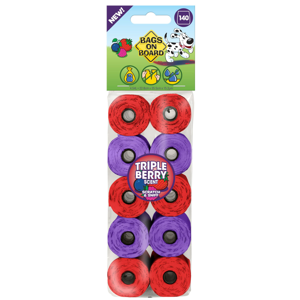 Bags on Board triple berry poop bags closeup show thick material and scent for odor control.
