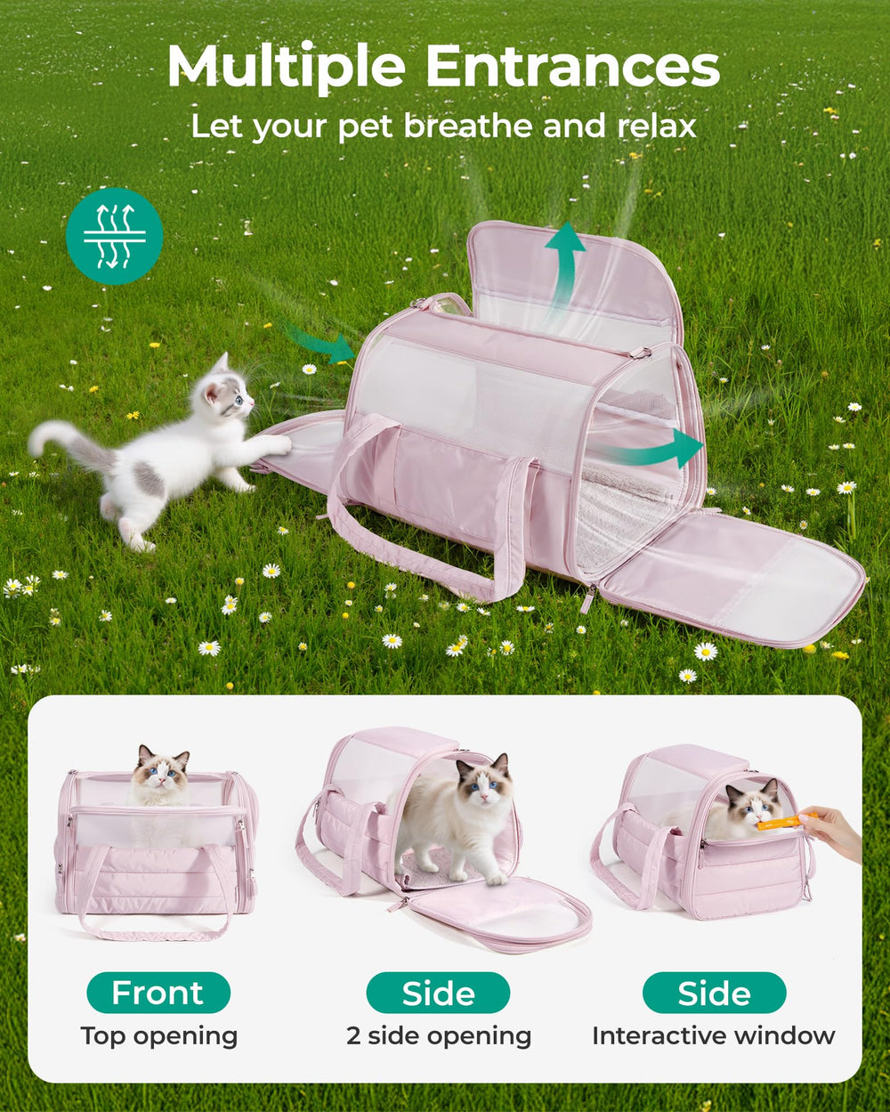 BAGSMART cat carrier anti-collapse frame enhances pet safety during travel.