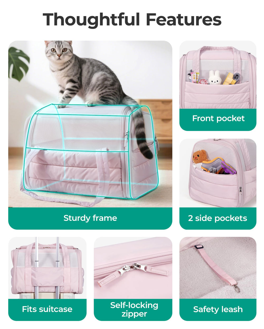 BAGSMART cat carrier internal leash clip to secure your pet.