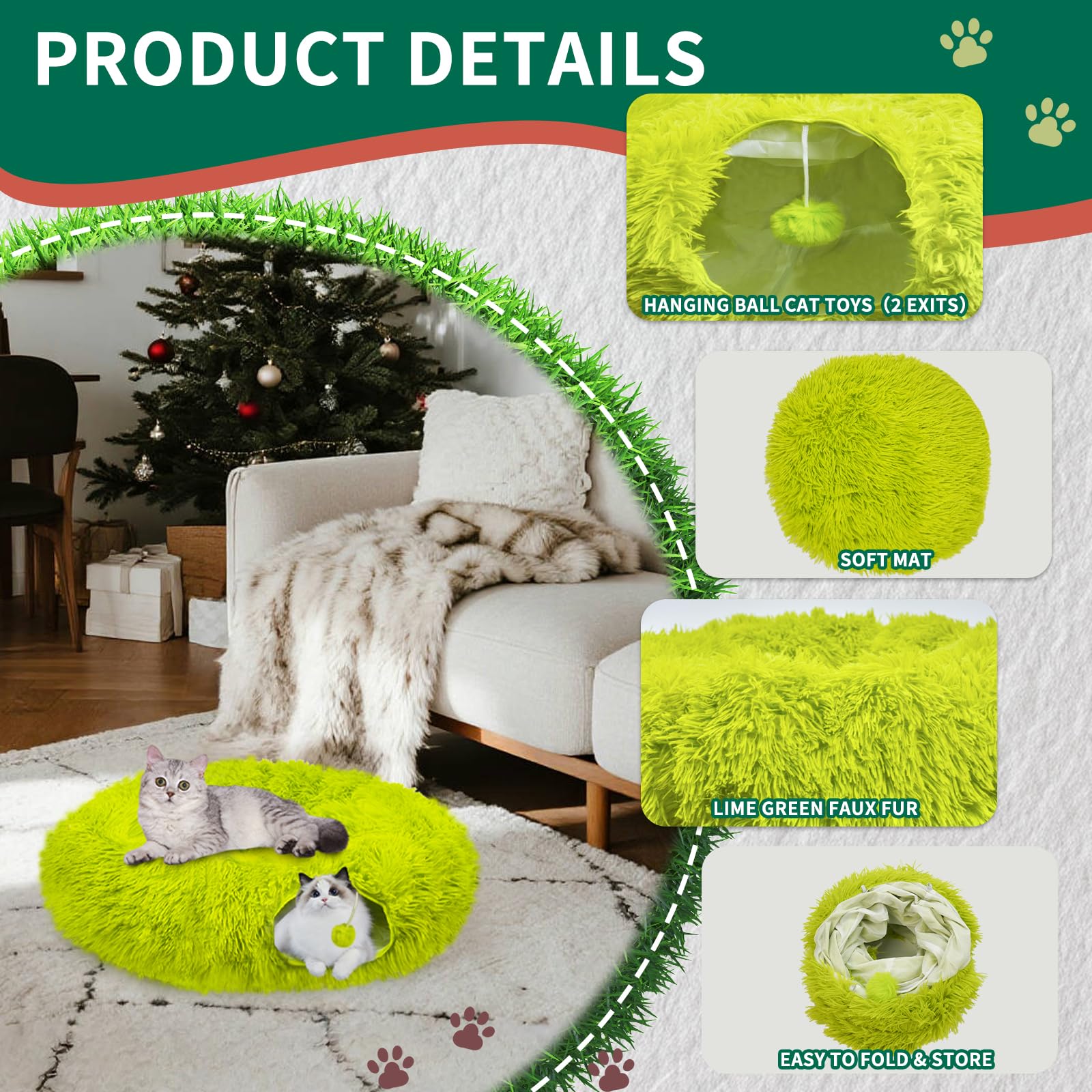 Bailiyake cat tunnel circle shape lime green invites playful hiding and pouncing.