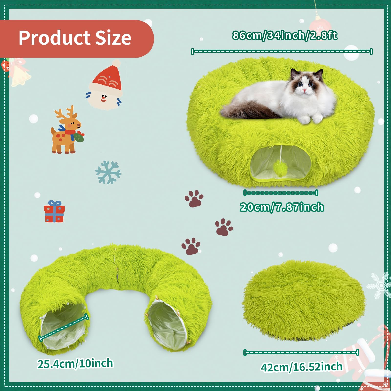 Bailiyake Christmas cat tunnel under the tree lime green shown in cozy holiday setup for cats.