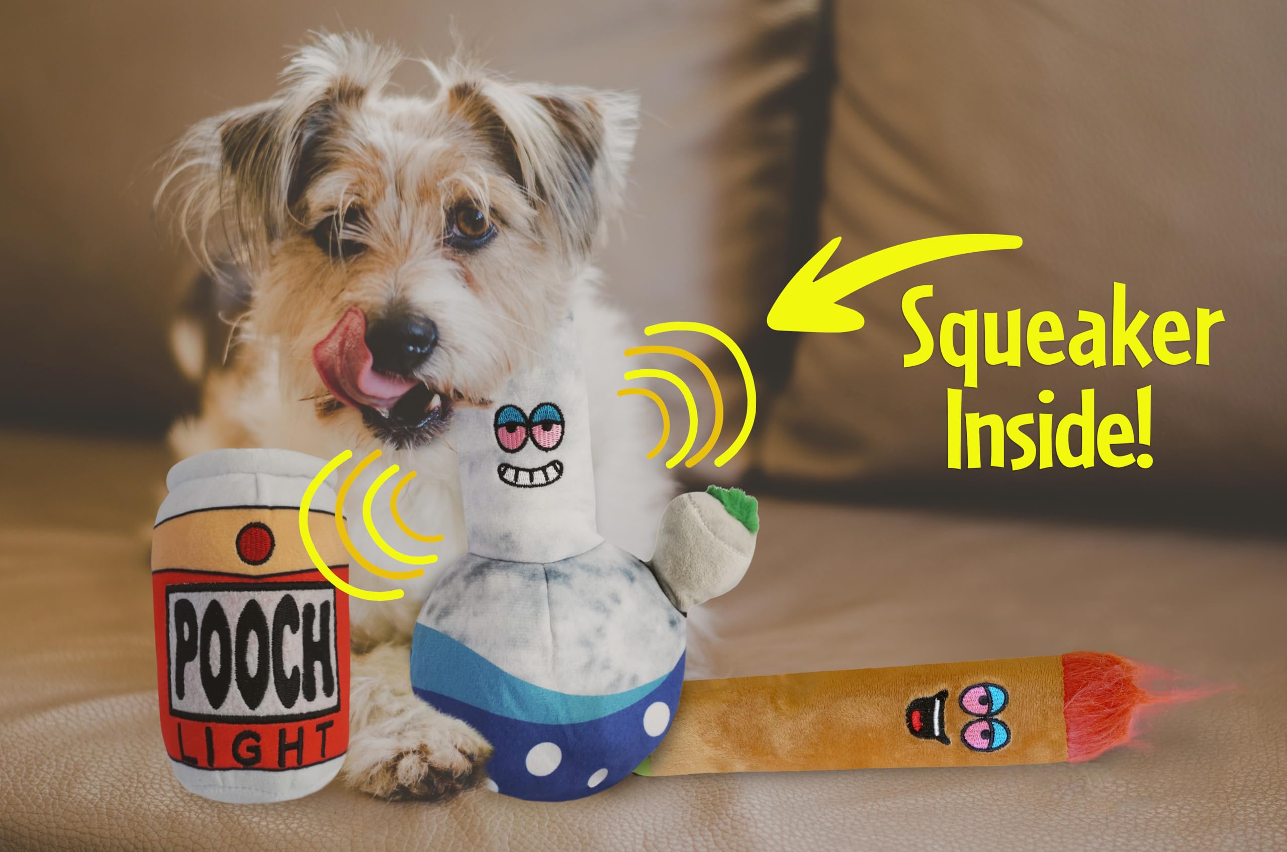 Baja Ponchos Friendly Vibes dog plush chew toys pack side view for durable daily play