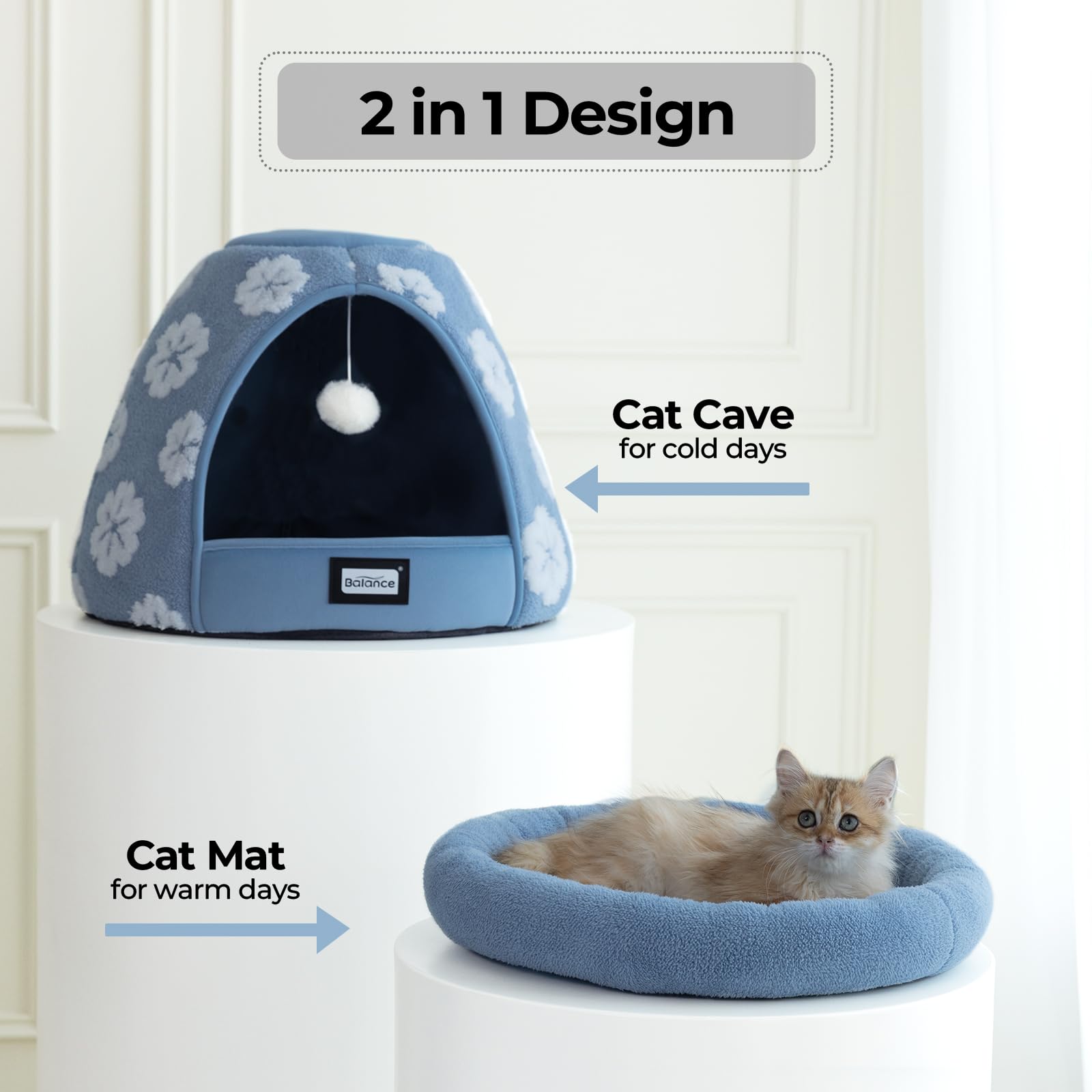 BALANCE cat bed blue color enhances cozy home decor.