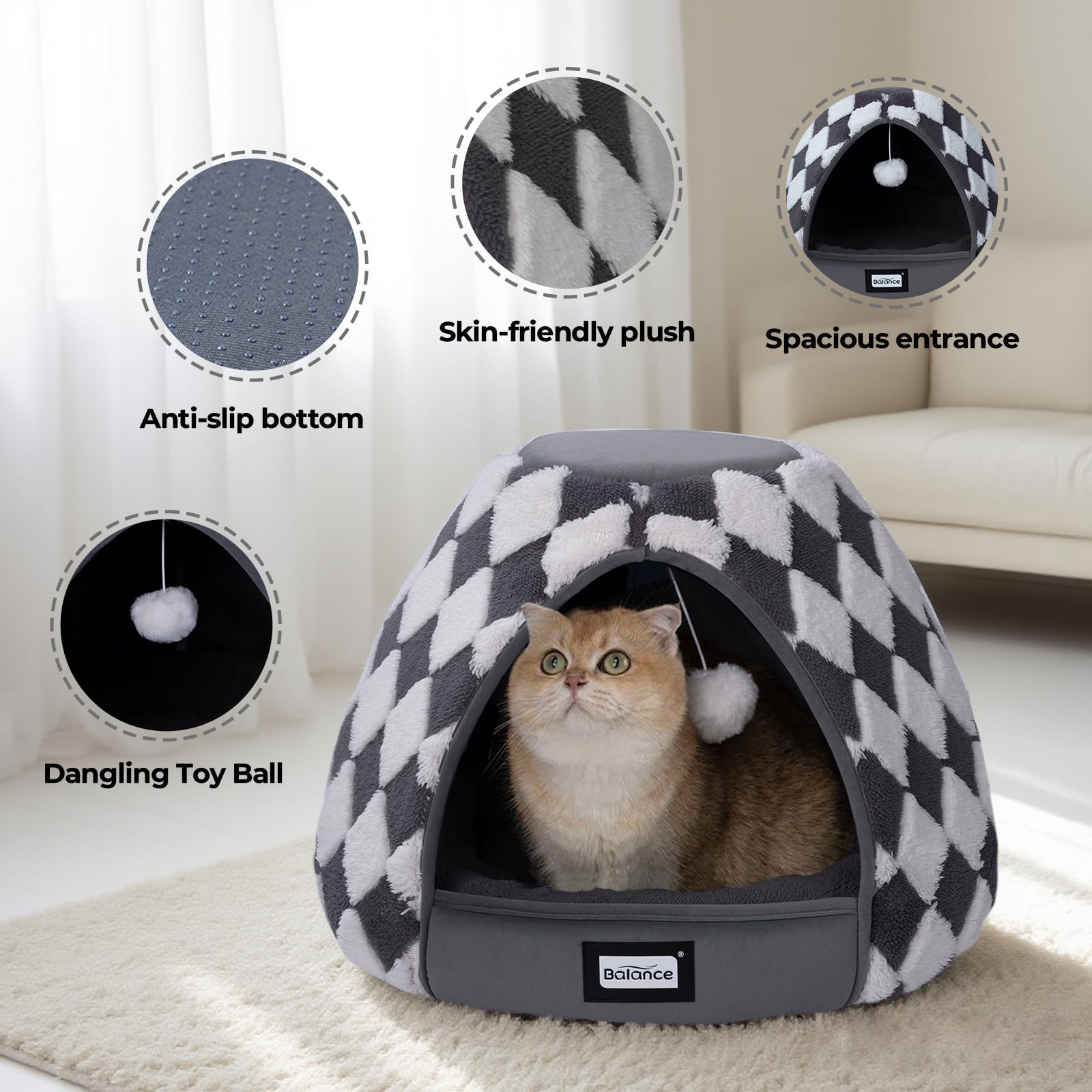 BALANCE Cat Bed cave entrance with hanging toy ball for interactive play.