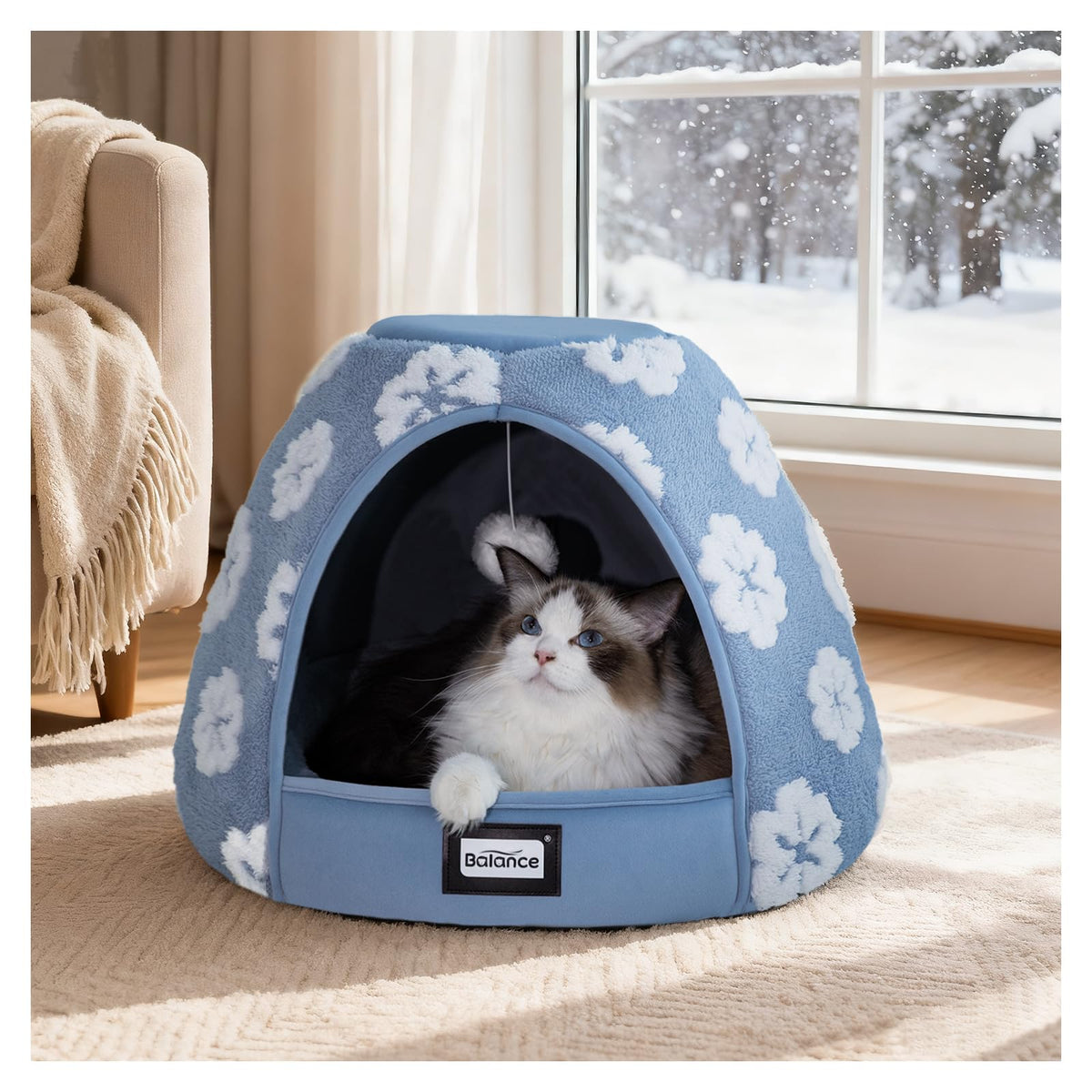 BALANCE cat bed cave interior view showcases plush warmth for cozy naps.