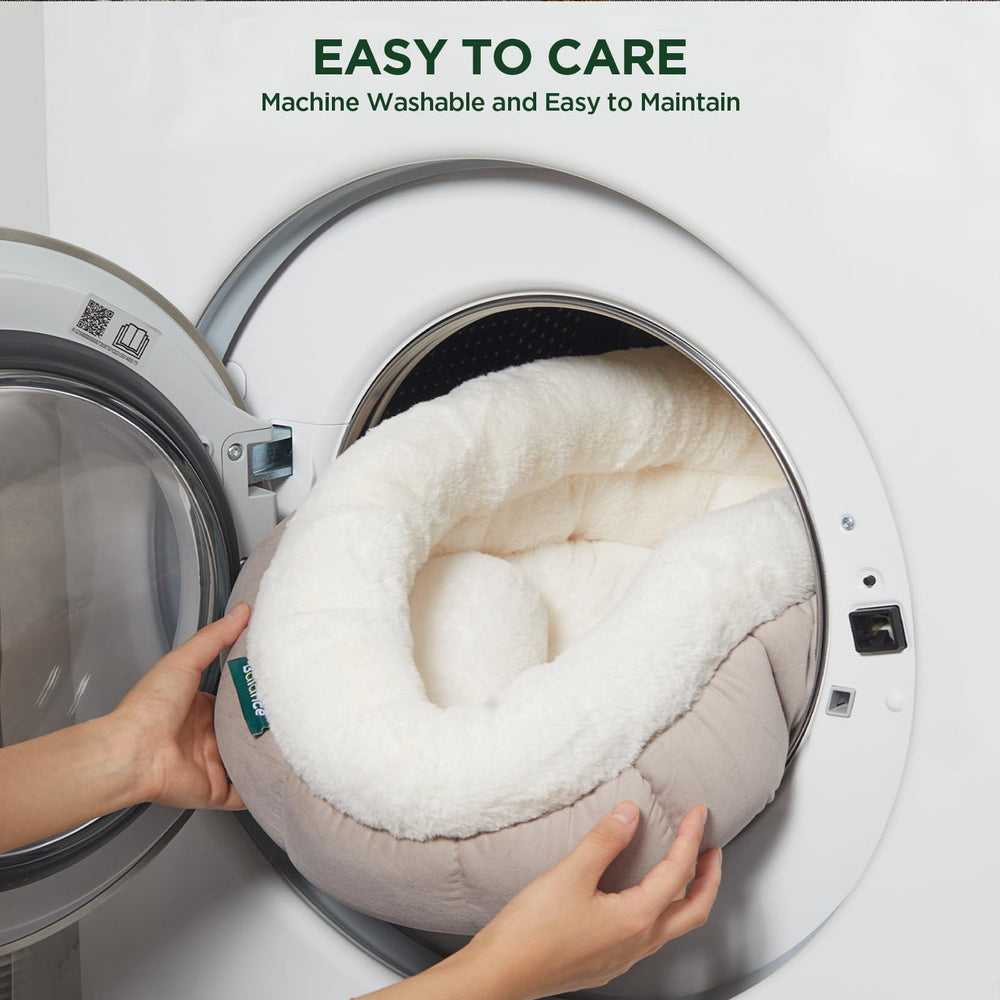 BALANCE goat color bed on hardwood floor creates warm, inviting pet nook.