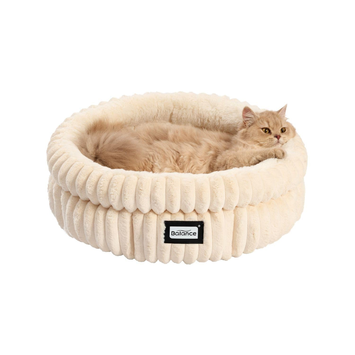 BALANCE cat bed round soft plush fur closeup highlights cozy texture for kitten nap