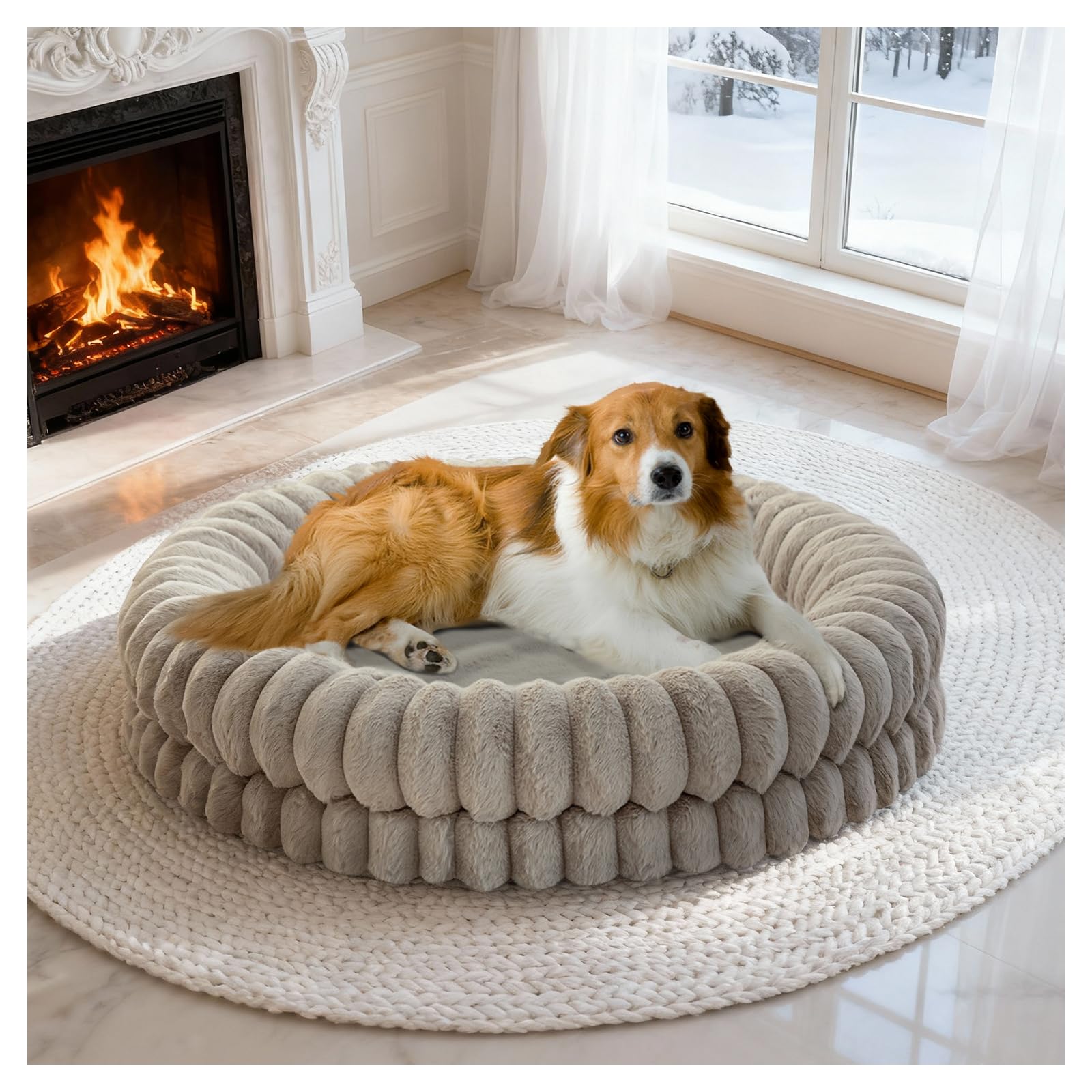 BALANCE 36-inch donut bed top view highlights plush oatmeal fabric and cozy support for large dogs