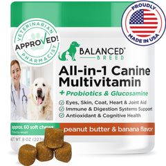 Balanced Breed All-in-1 dog vitamins bottle pour supports daily wellness.