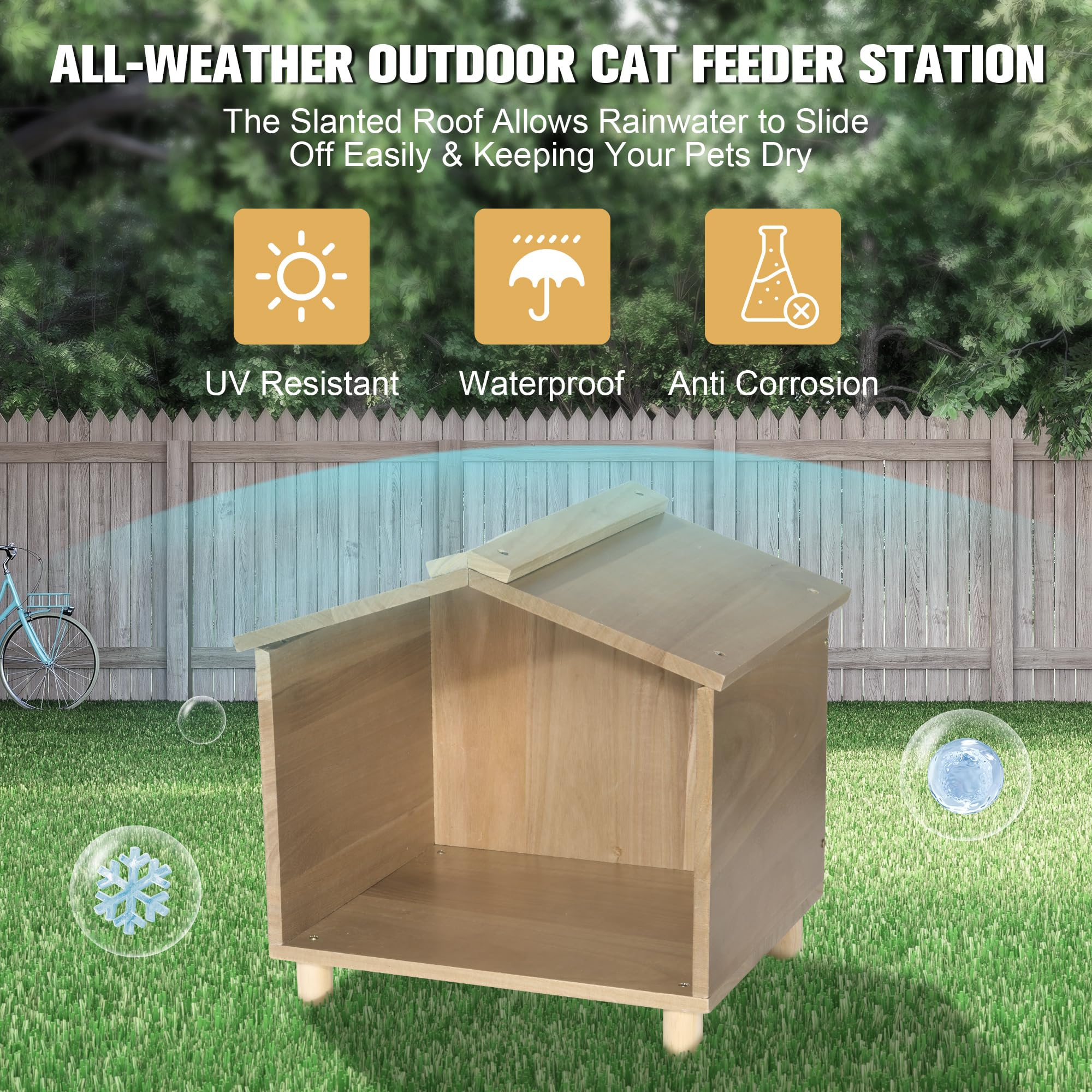 BALAPET Outdoor Cat Feeder & Shelter roof detail shows windproof and rainproof shelter for meals.