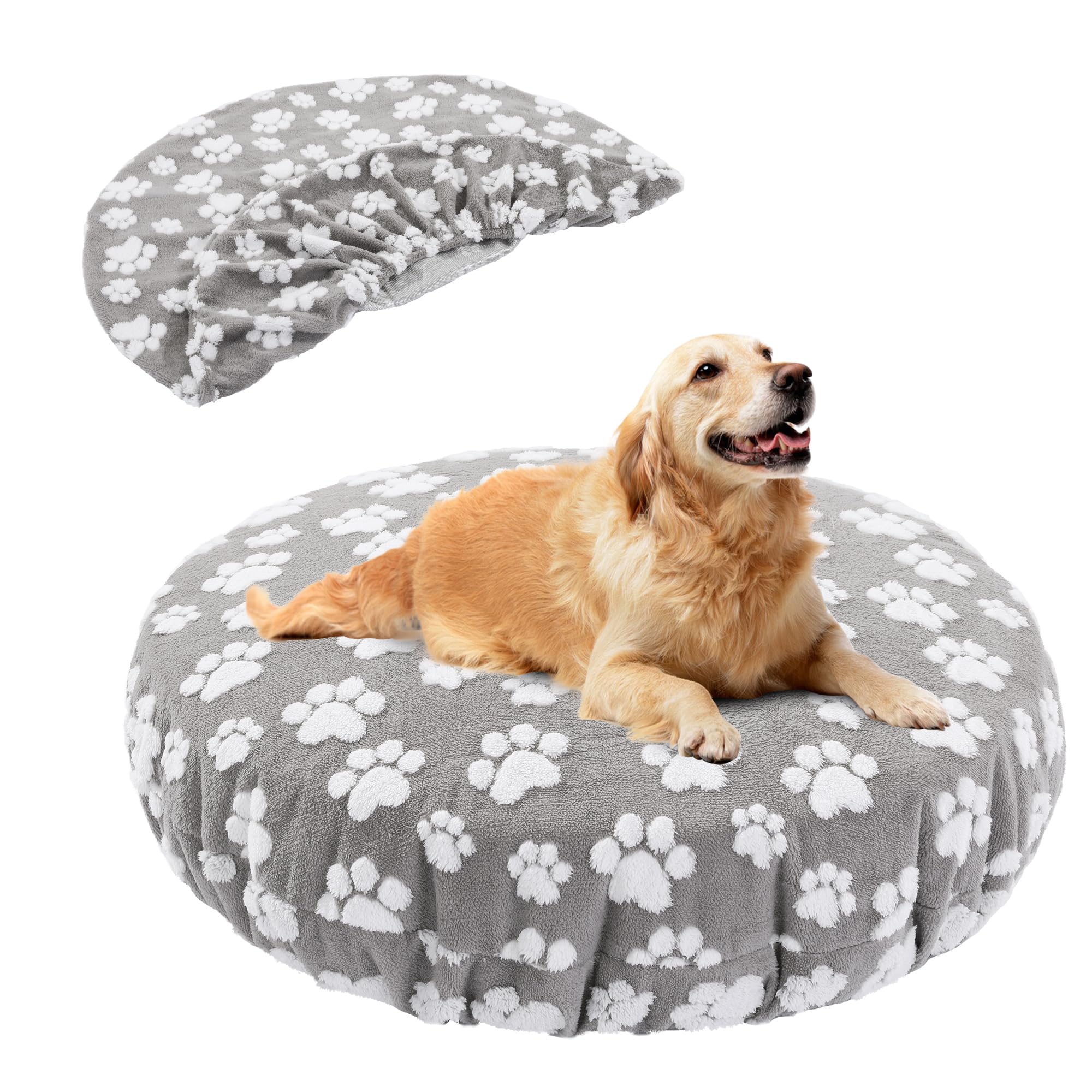 BALAPET round bed cover in gray paw print, offering soft comfort and easy cleaning.