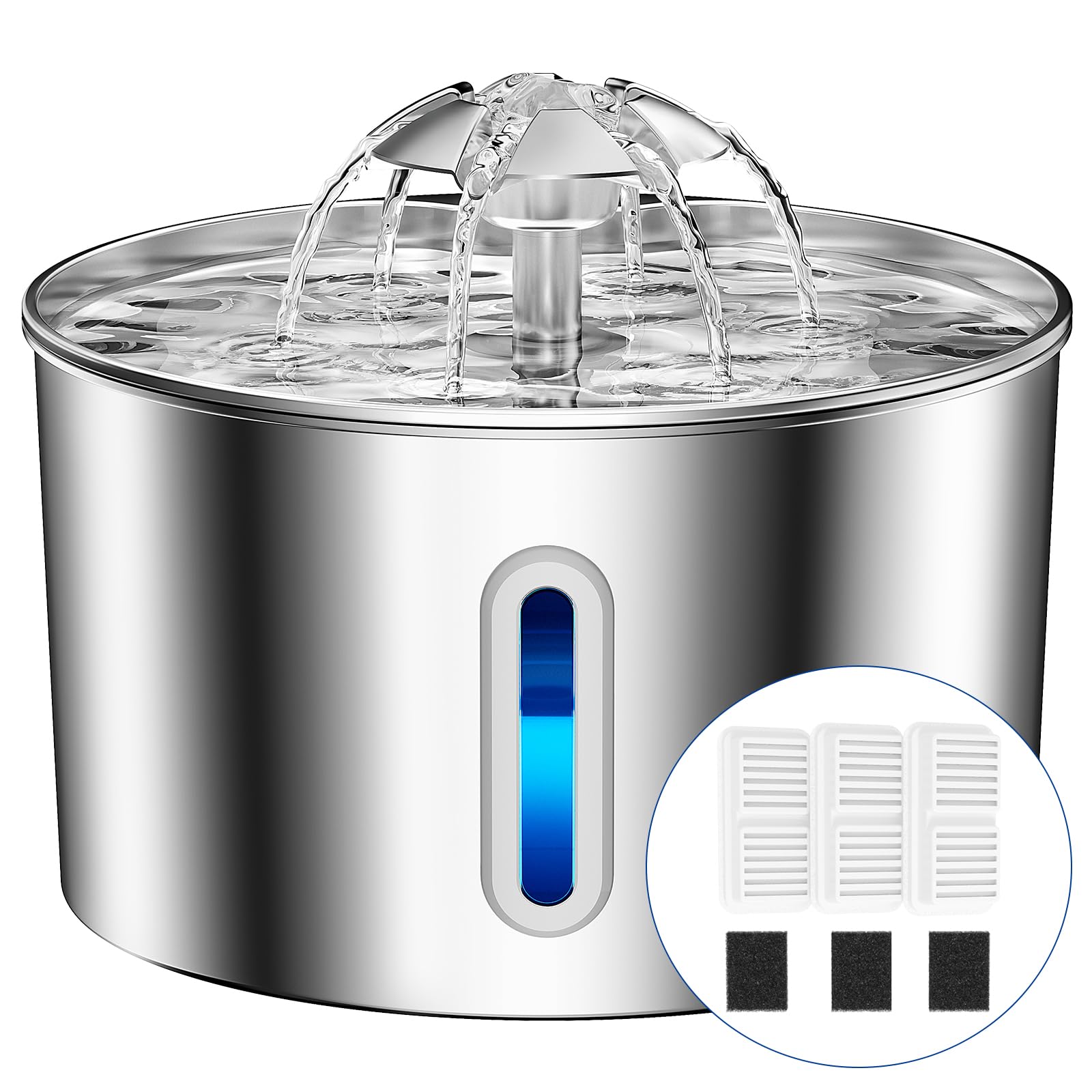 BalimoPet cat water fountain front view shows 74oz steel hydration design