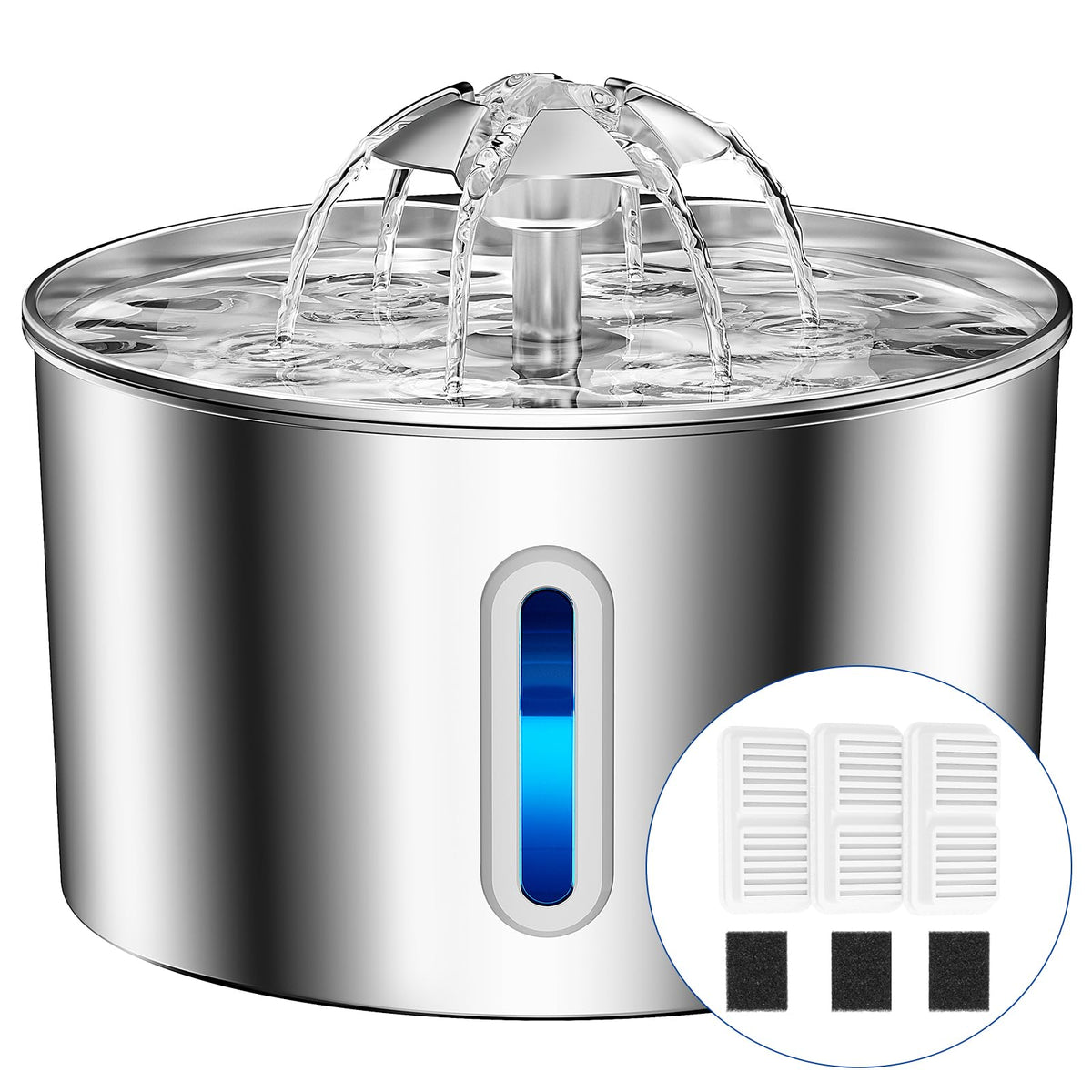 BalimoPet cat water fountain front view shows 74oz steel hydration design
