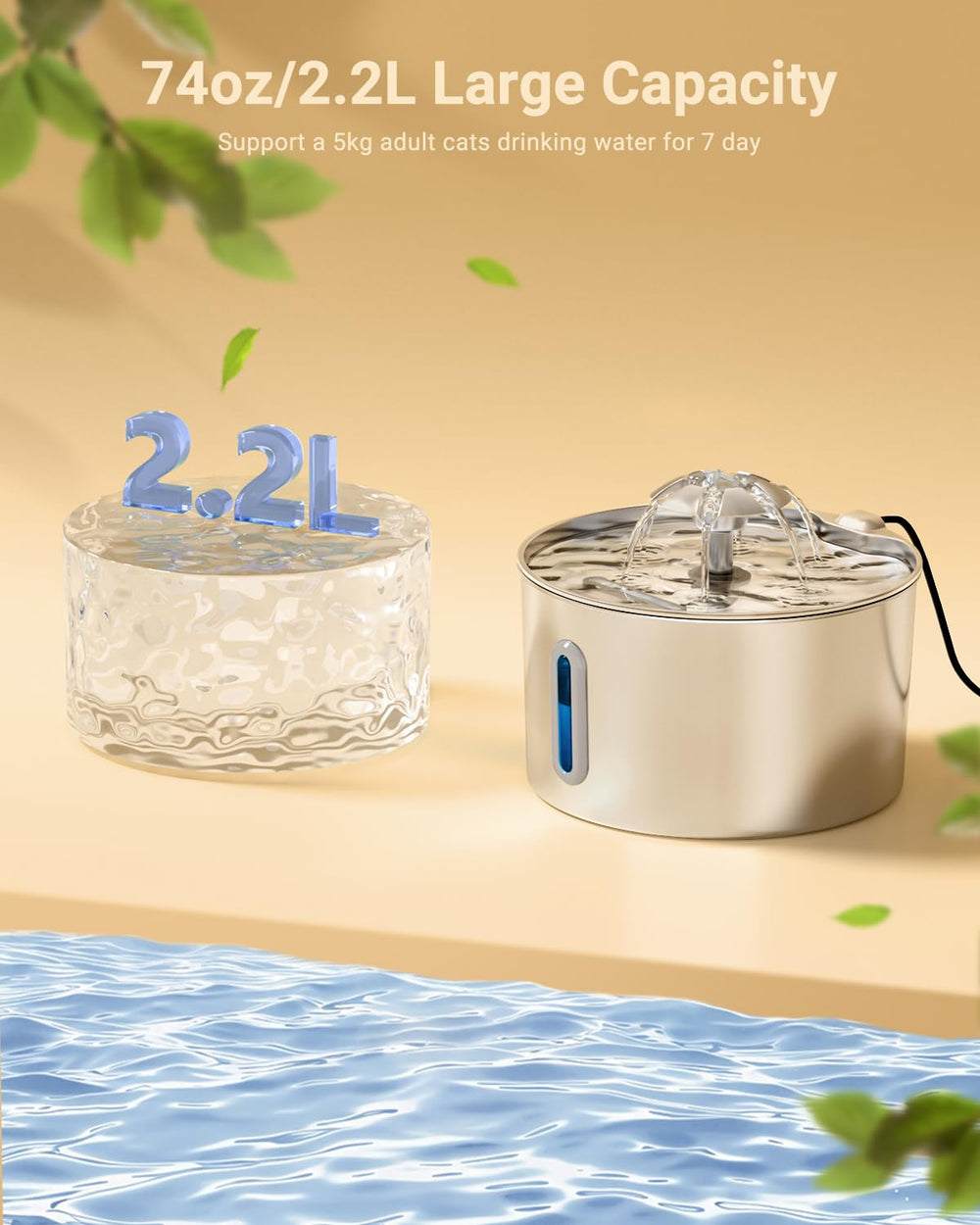 BalimoPet cat water fountain top view highlights sleek stainless steel for easy cleaning