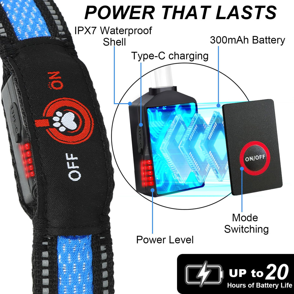 Bamda LED collar Blue-L provides 270-degree luminescence for easy pet location.