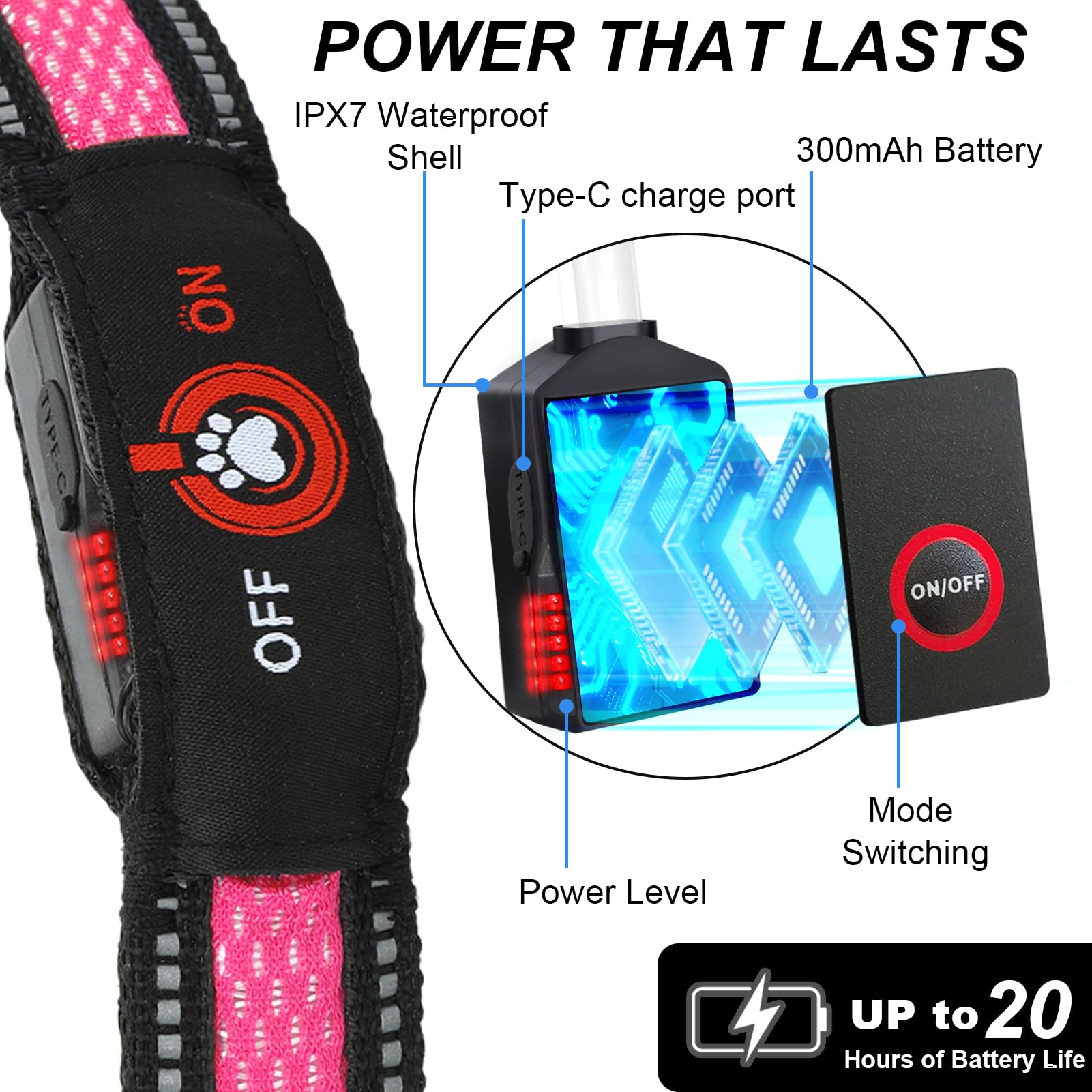 Bamda Pink Light Up Collar close-up highlighting sturdy nylon and secure fit.
