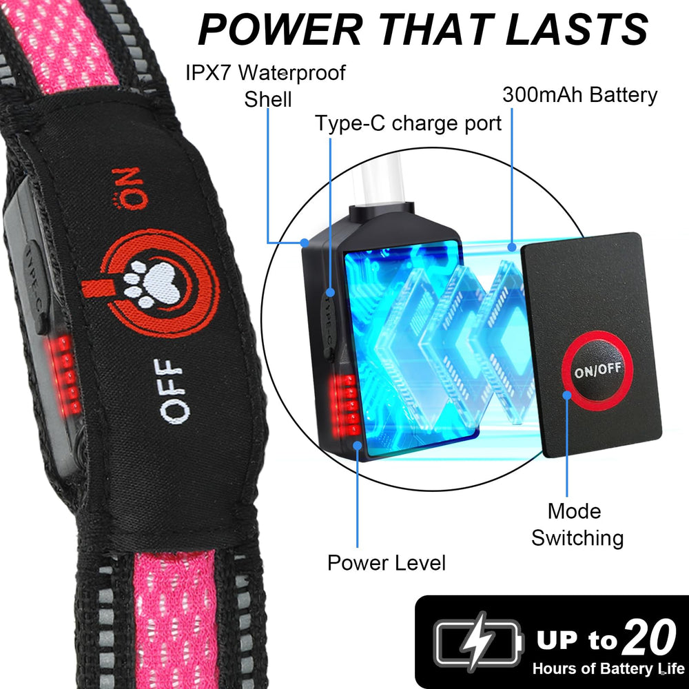 Bamda Pink Light Up Collar close-up highlighting sturdy nylon and secure fit.