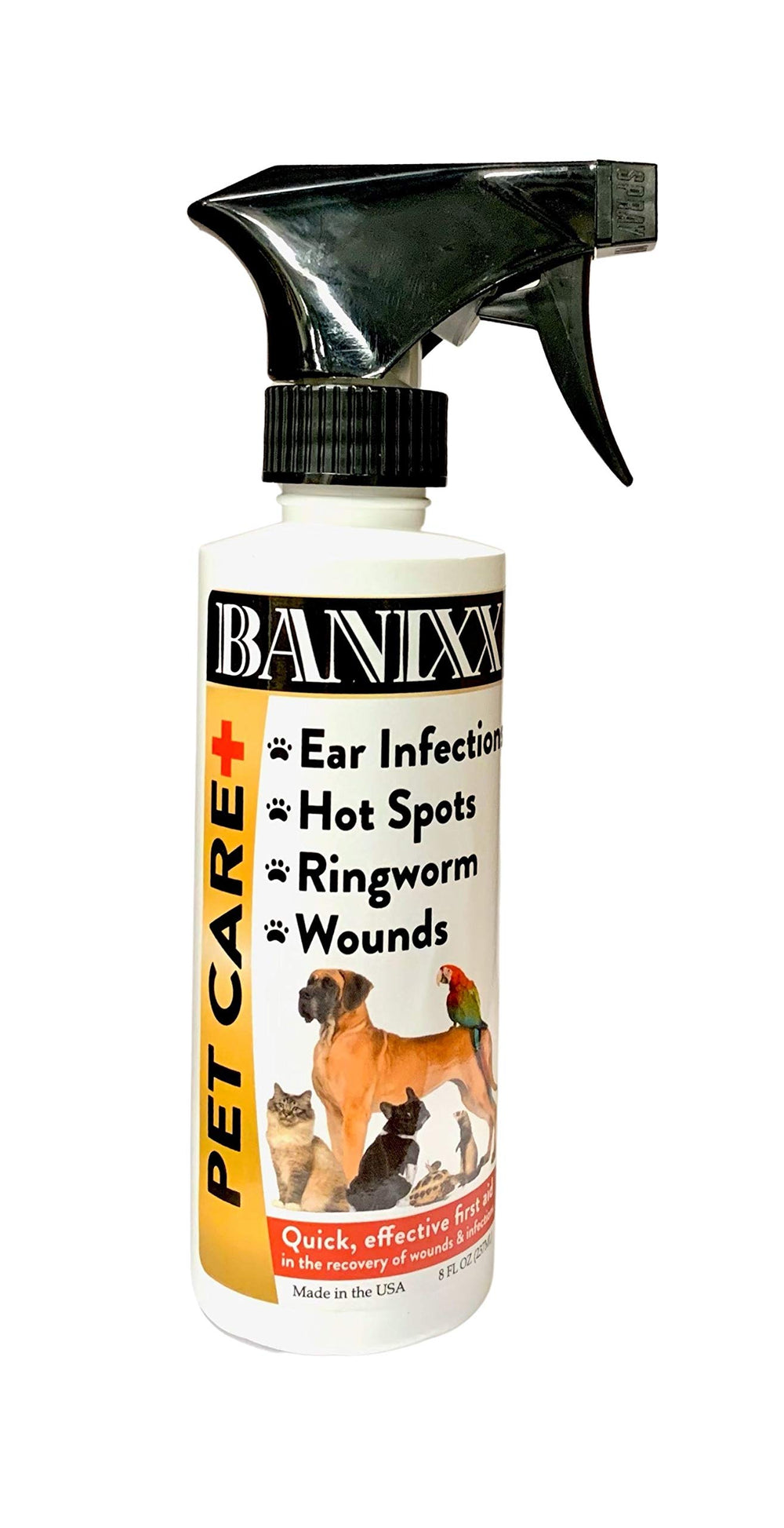 Banixx Pet Care spray used on cats, dogs, and horses of all ages