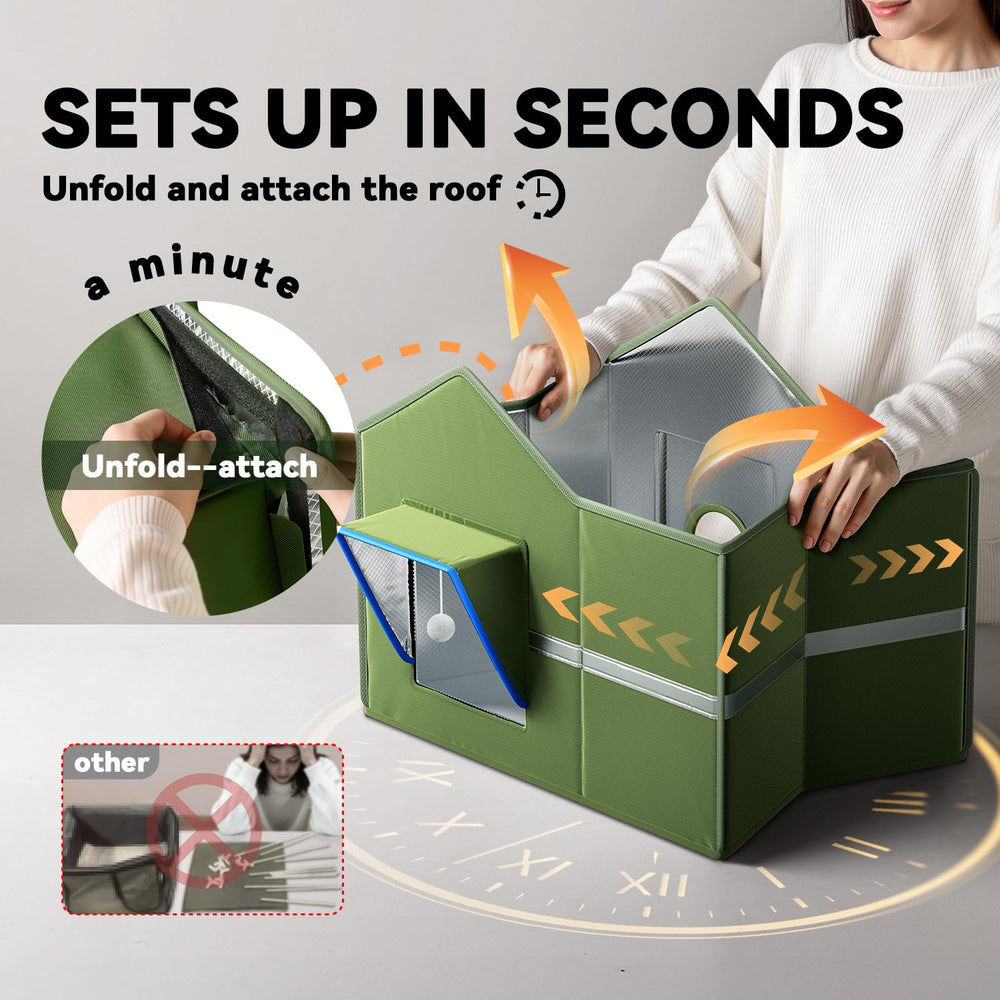 Banxye heated cat shelter with two exits and magnetic closures for safe escape routes.