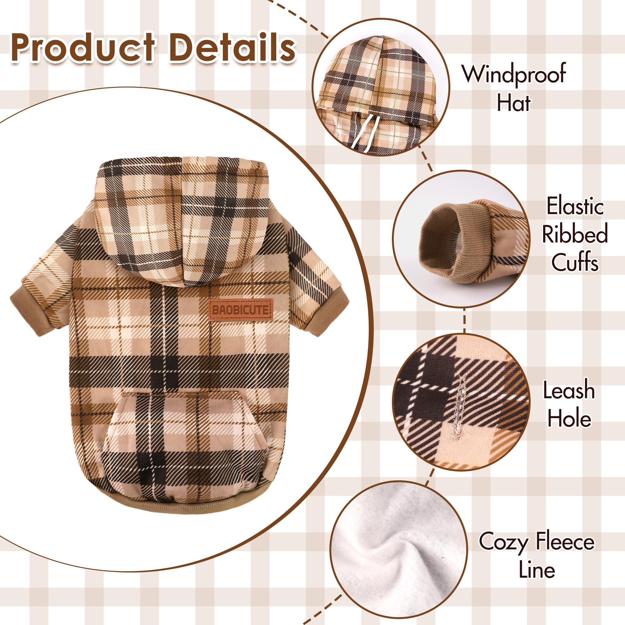 BAOBICUTE dog hoodie plaid back view highlights stylish warmth and secure fit.