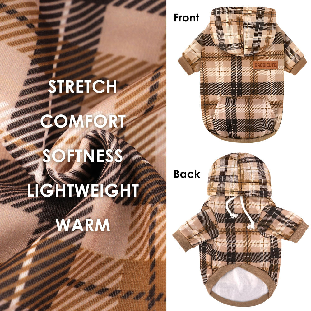 BAOBICUTE dog hoodie plaid side view shows breathable fabric and comfortable motion.