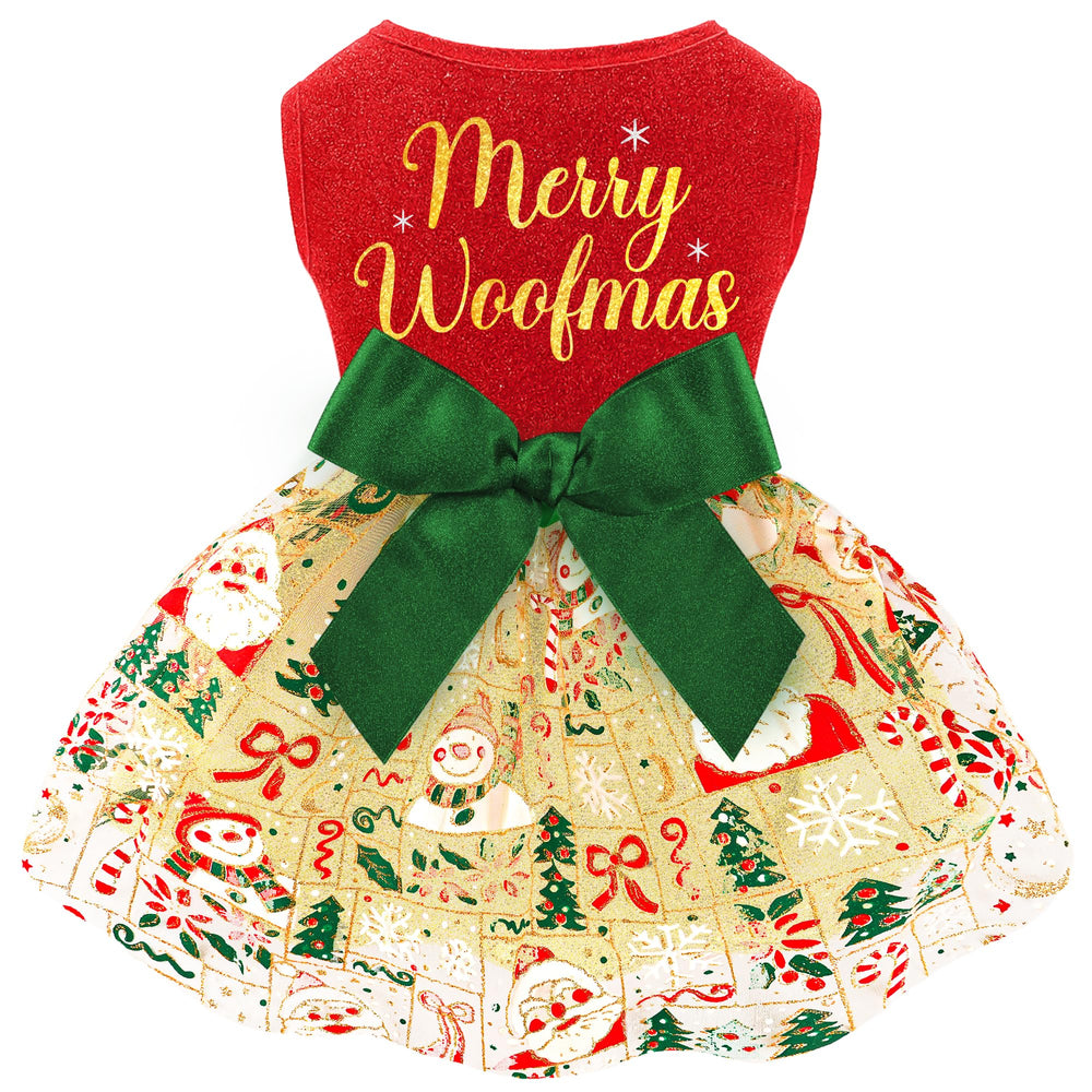 BAOBICUTE dog Christmas dress with bowknot on a model dog for a festive party look.