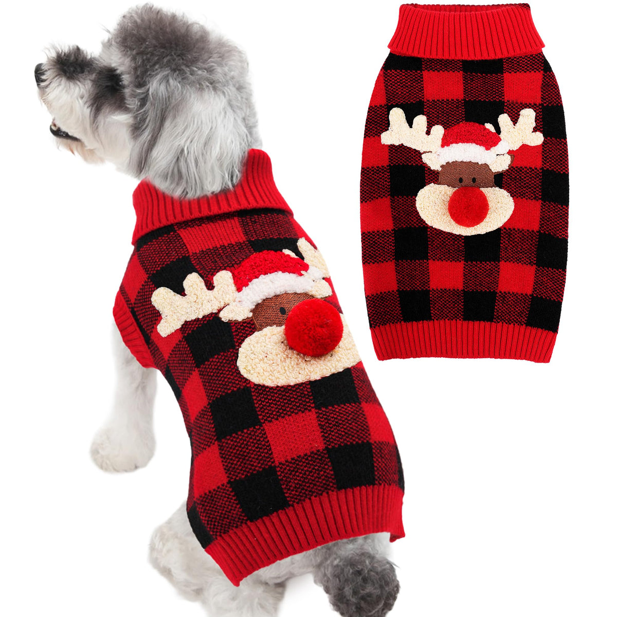 BAOBICUTE dog Christmas sweater with 3D reindeer back design for festive photo moments.