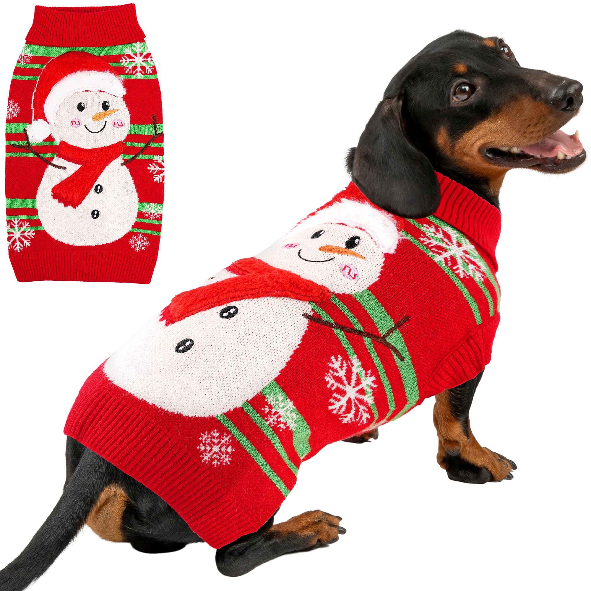 BAOBICUTE dog christmas sweater back design highlights festive snowman, cozy holiday look.