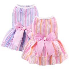 Baobicute dog dress stripe bowknot close-up, easy-pullover fit for small dogs.