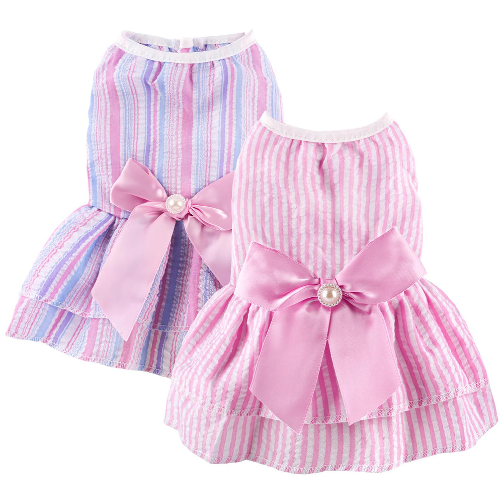 Baobicute dog dress stripe bowknot set creates a party-ready look for small dogs.