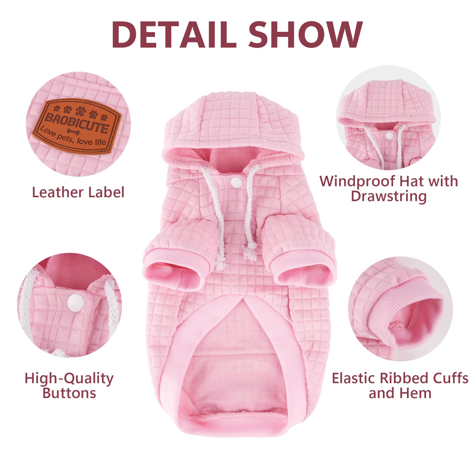 BAOBICUTE dog hoodie rose pink hood drawstring shows adjustable fit for snug wear
