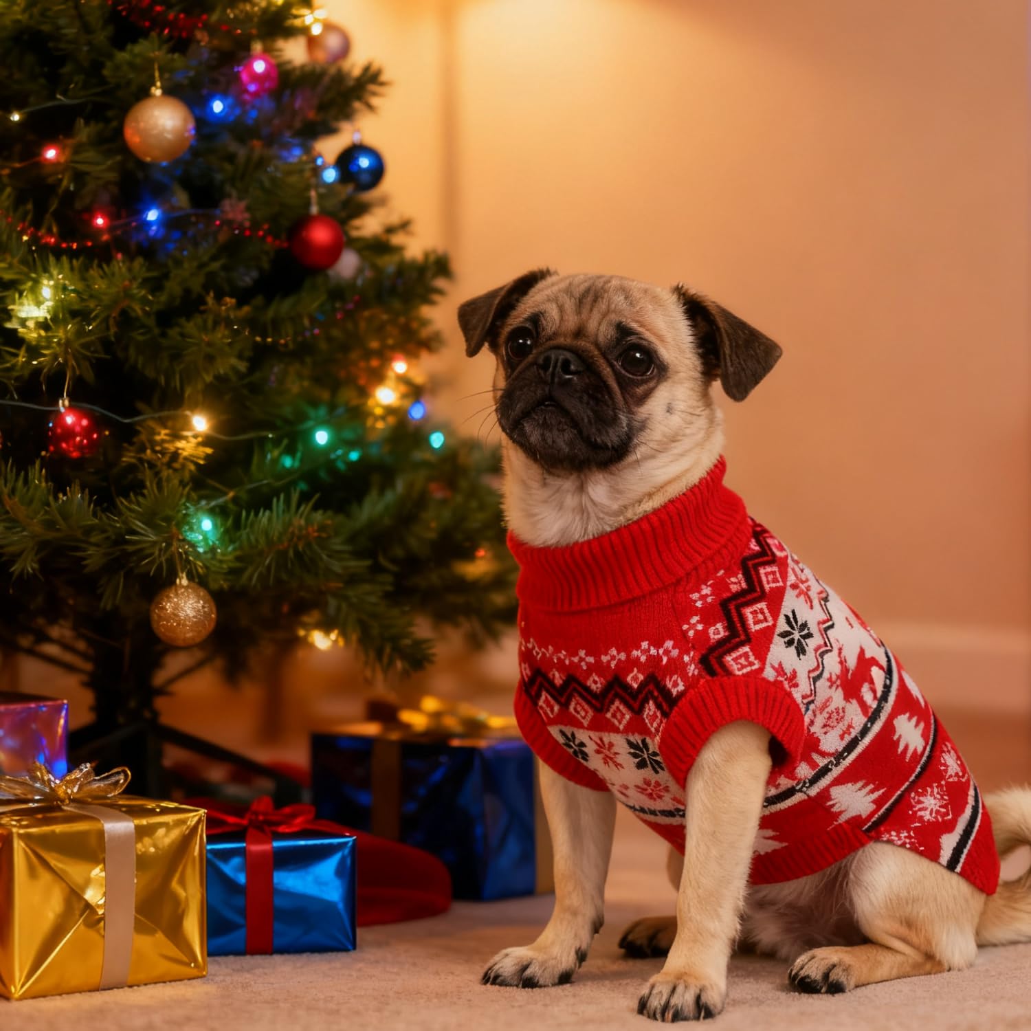 BAOBICUTE dog sweater back design features reindeer and pine-tree accents