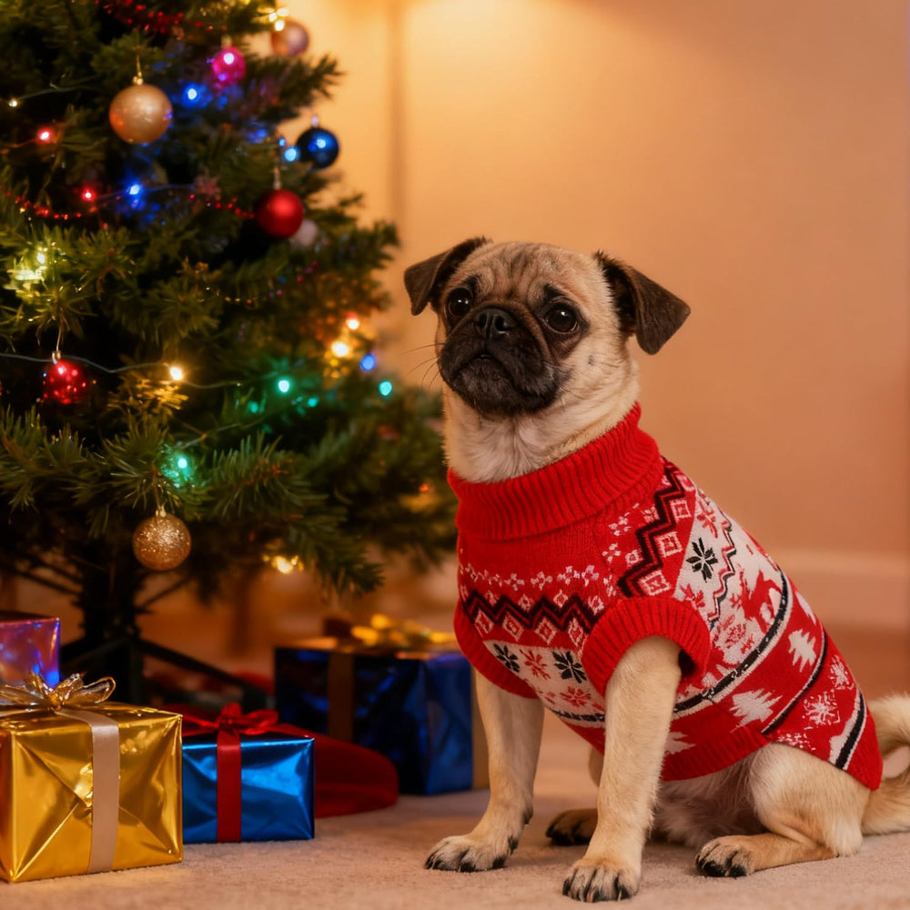 BAOBICUTE dog sweater back design features reindeer and pine-tree accents