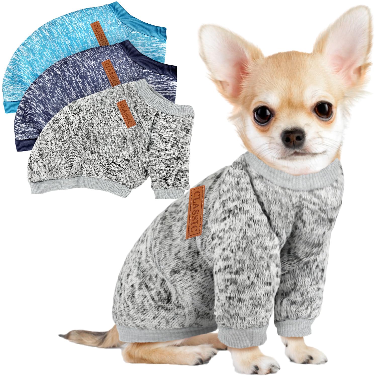 Baobicute dog sweater navy blue on small dog for warm, breathable winter wear