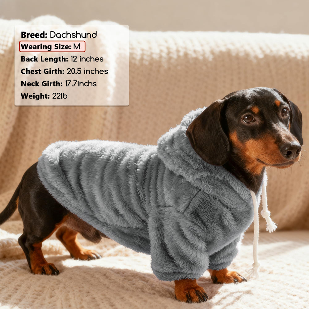 BAOBICUTE fuzzy dog hoodie size chart image helps customers pick the right fit.